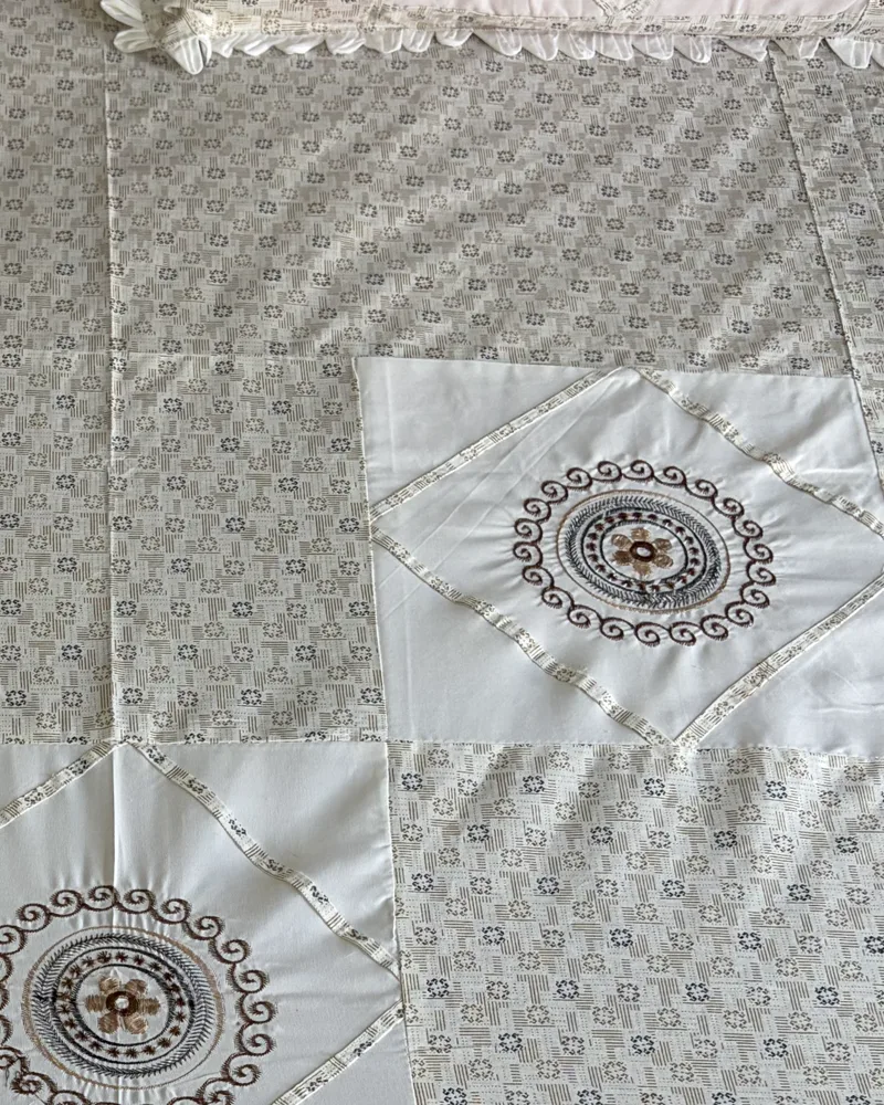 Arena cotton embroidered queen bedsheet, cream medallion embroidery in diamond panels