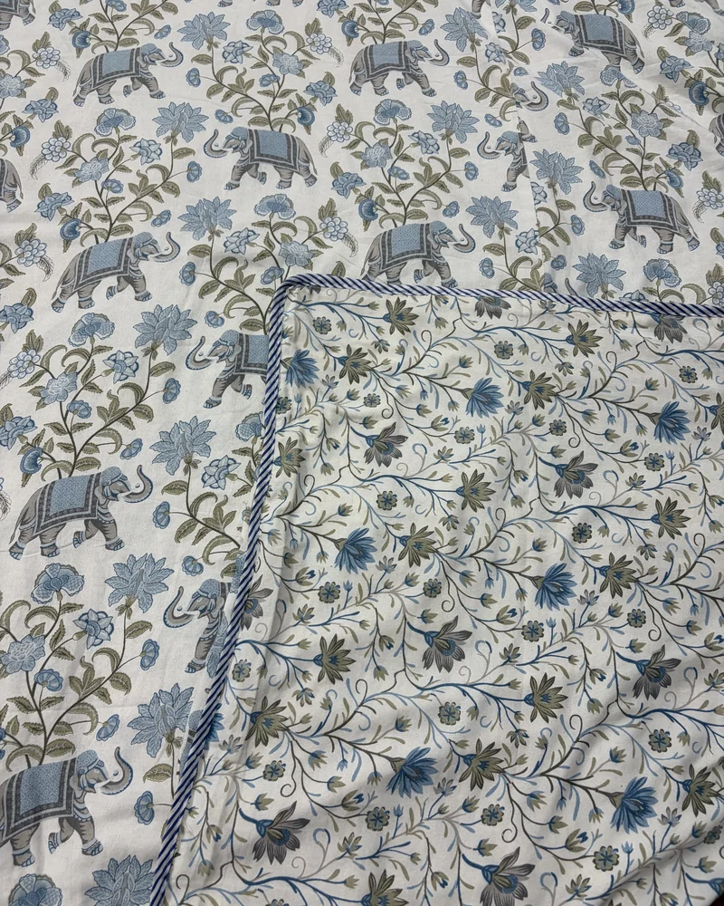 Reversible cotton AC double dohar with blue elephant and floral print